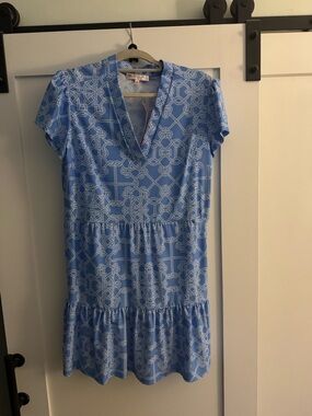 Jude Connally Sky Blue & White V-Neck Tiered Dress